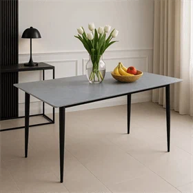 שולחן אוכל פלטת קרמיקה בגוון שיש אפור ורגלי מתכת 120/70 ס"מ דגם אוסלו