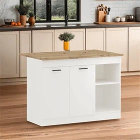 אי למטבח רב-תכליתי עם אחסון ופינת אוכל ל-2 סועדים בגוון לבן בשילוב אלון ברוחב 122 ס"מ דגם רותם ROTEM